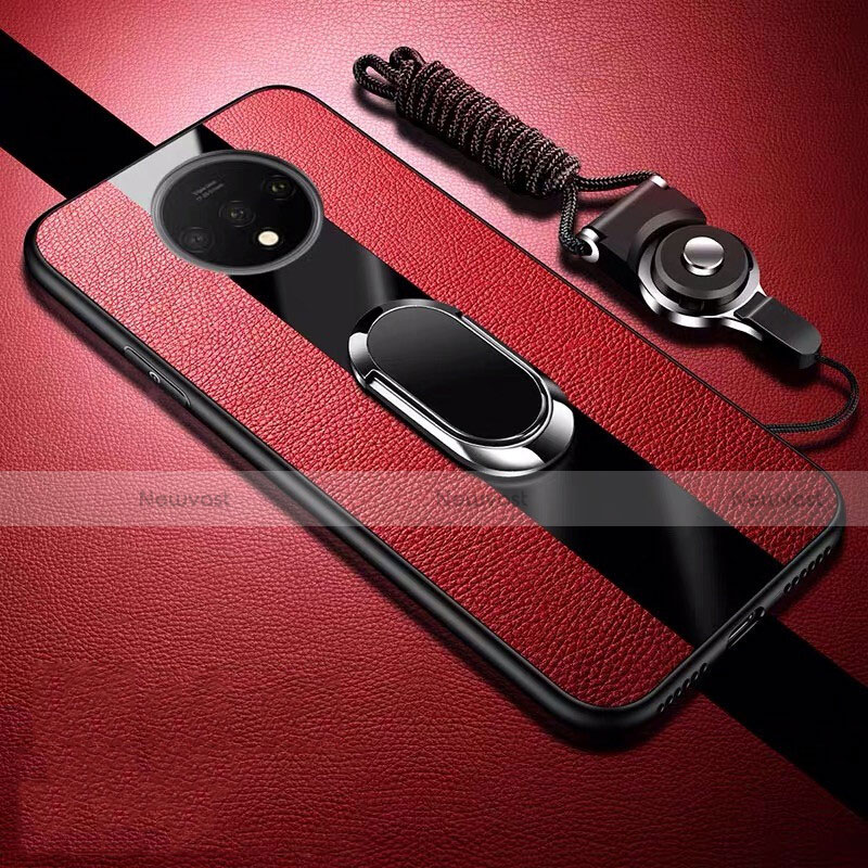 Soft Silicone Gel Leather Snap On Case Cover with Magnetic Finger Ring Stand T02 for OnePlus 7T Red