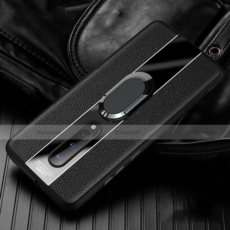 Soft Silicone Gel Leather Snap On Case Cover with Magnetic Finger Ring Stand T02 for OnePlus 8