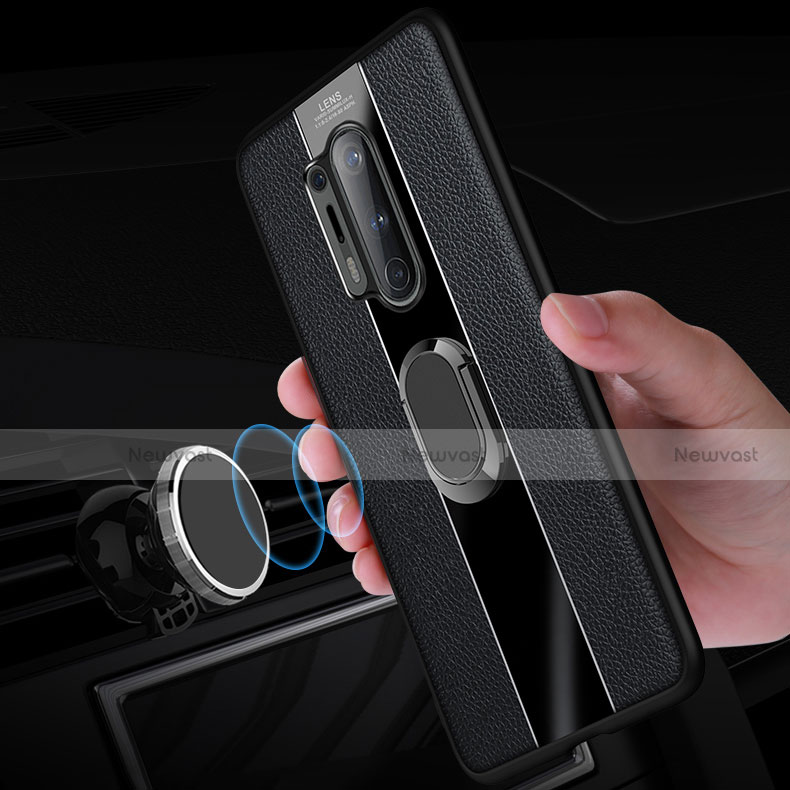 Soft Silicone Gel Leather Snap On Case Cover with Magnetic Finger Ring Stand T02 for OnePlus 8 Pro