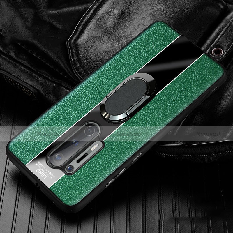 Soft Silicone Gel Leather Snap On Case Cover with Magnetic Finger Ring Stand T02 for OnePlus 8 Pro Green