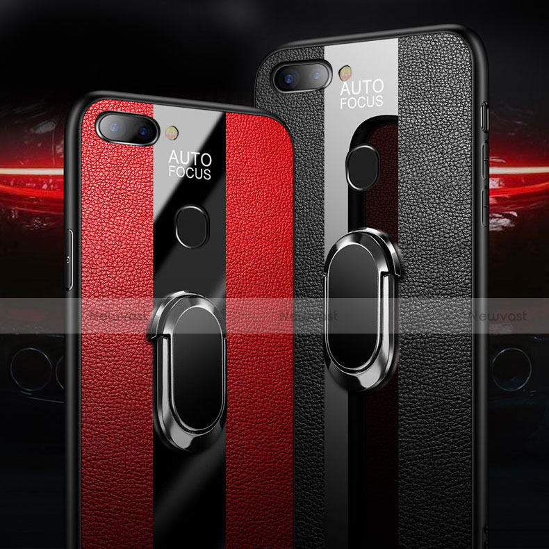 Soft Silicone Gel Leather Snap On Case Cover with Magnetic Finger Ring Stand T02 for Oppo R15X