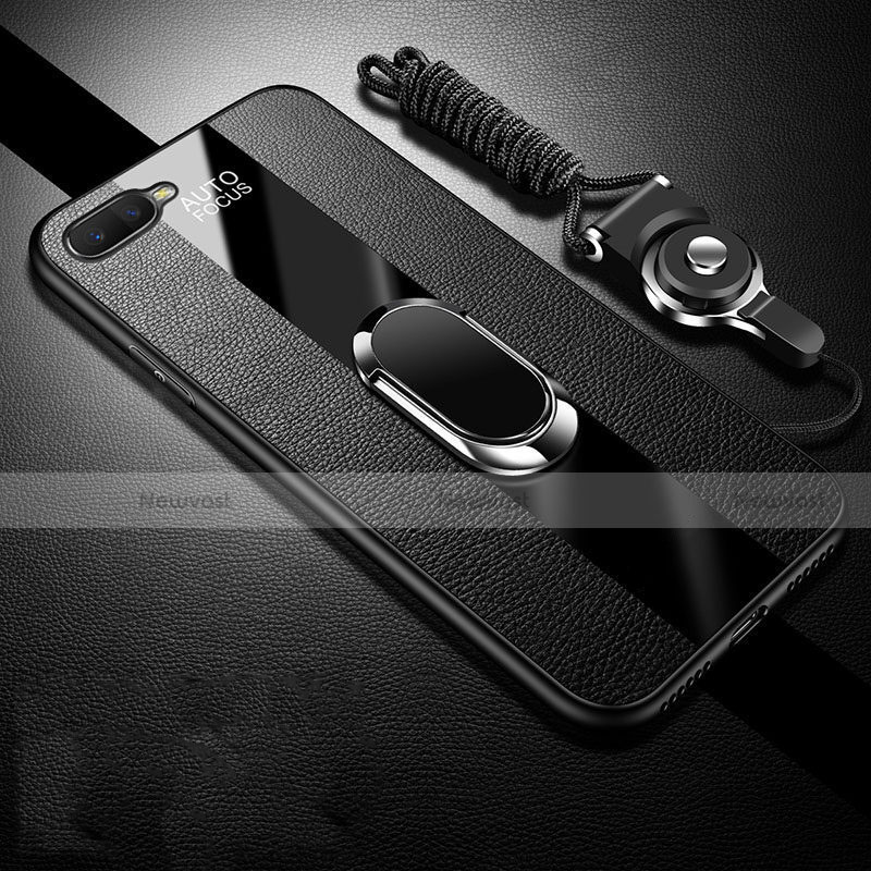 Soft Silicone Gel Leather Snap On Case Cover with Magnetic Finger Ring Stand T02 for Oppo R15X Black