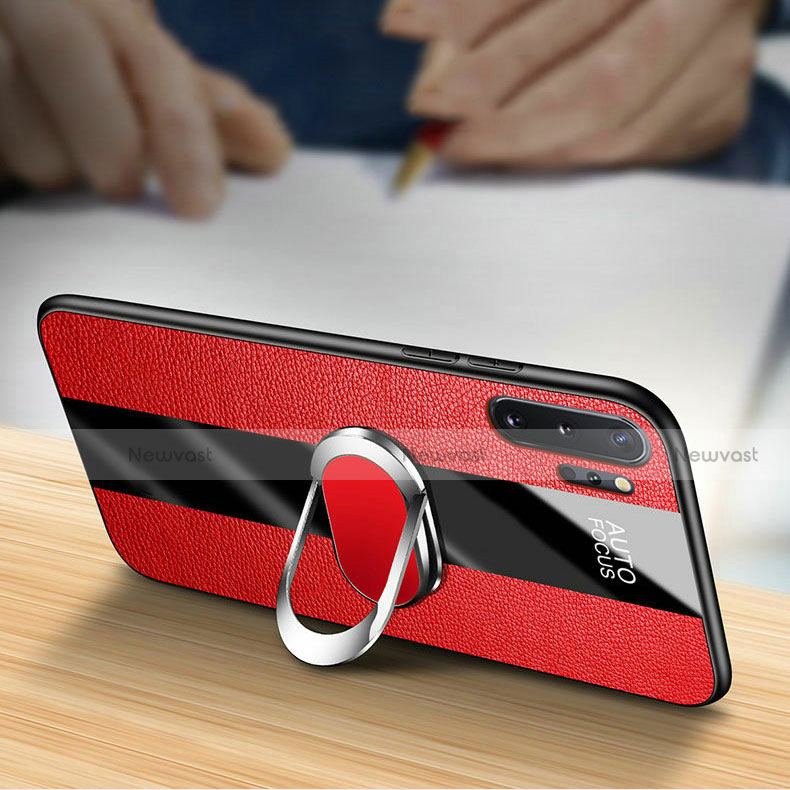 Soft Silicone Gel Leather Snap On Case Cover with Magnetic Finger Ring Stand T02 for Samsung Galaxy Note 10 Plus