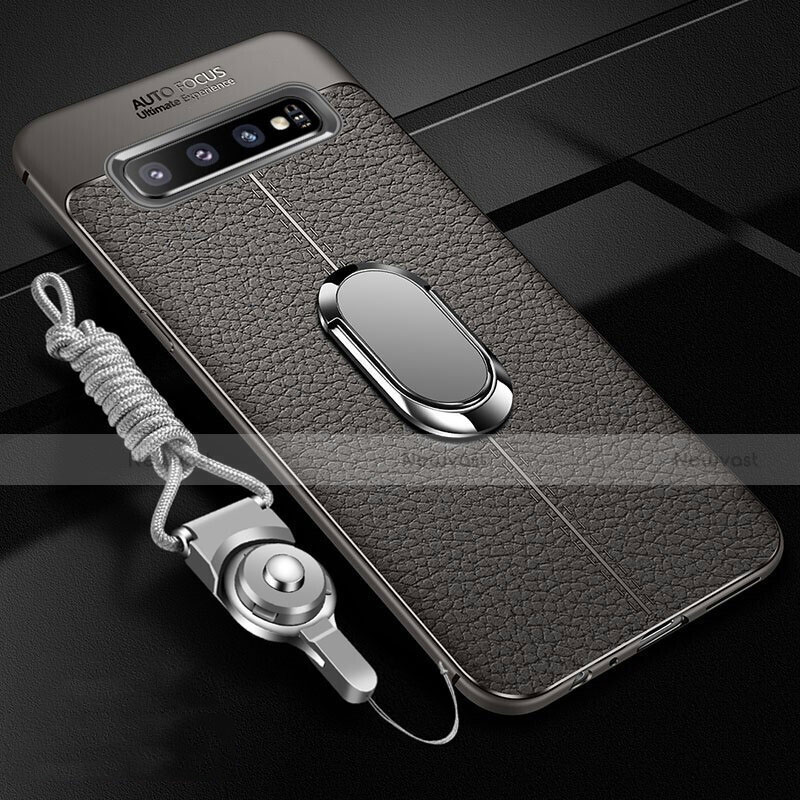 Soft Silicone Gel Leather Snap On Case Cover with Magnetic Finger Ring Stand T02 for Samsung Galaxy S10 5G Gray