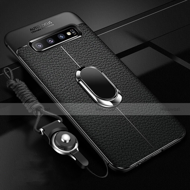 Soft Silicone Gel Leather Snap On Case Cover with Magnetic Finger Ring Stand T02 for Samsung Galaxy S10 Black