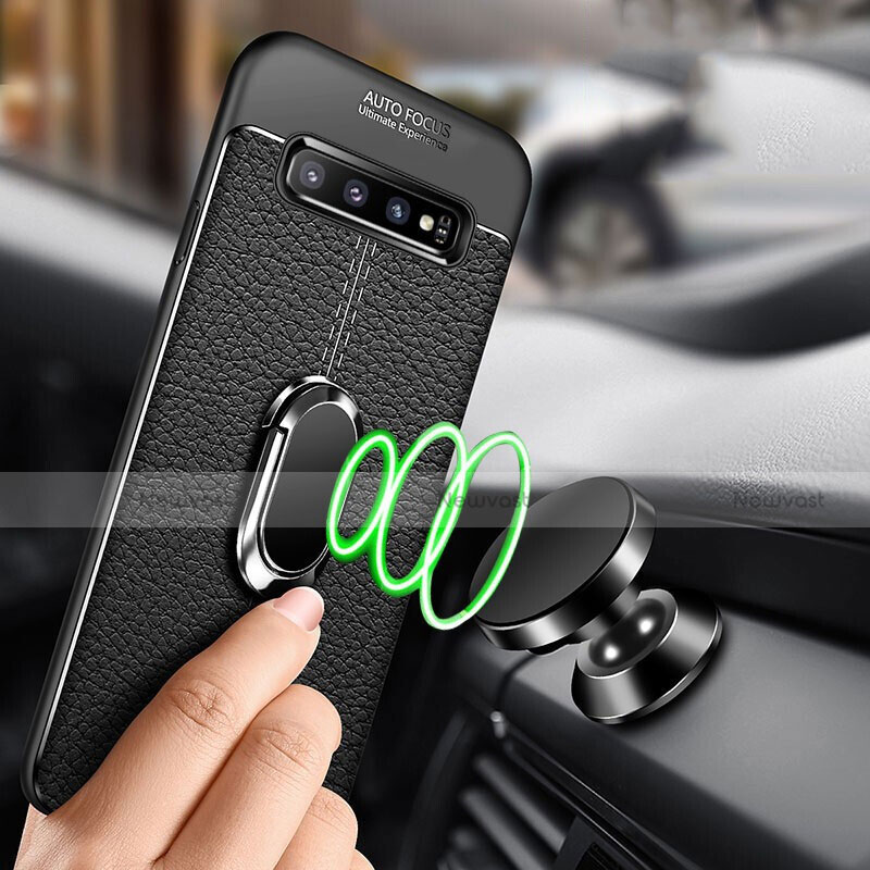 Soft Silicone Gel Leather Snap On Case Cover with Magnetic Finger Ring Stand T02 for Samsung Galaxy S10 Plus