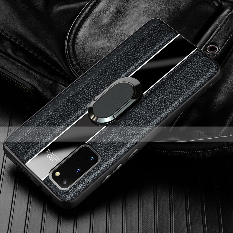 Soft Silicone Gel Leather Snap On Case Cover with Magnetic Finger Ring Stand T02 for Samsung Galaxy S20 5G Black