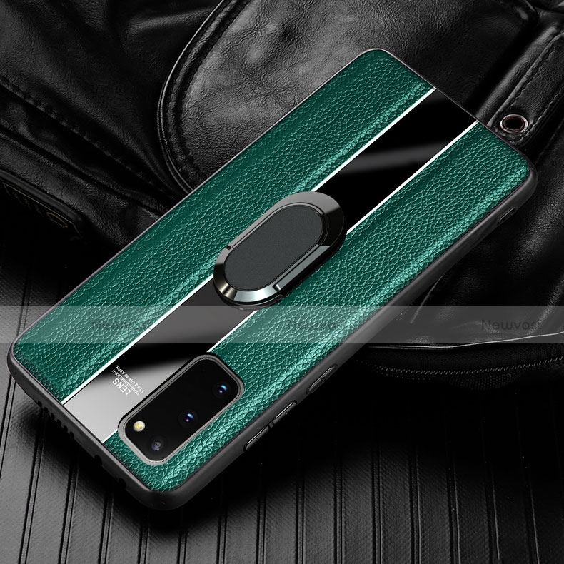 Soft Silicone Gel Leather Snap On Case Cover with Magnetic Finger Ring Stand T02 for Samsung Galaxy S20 Green