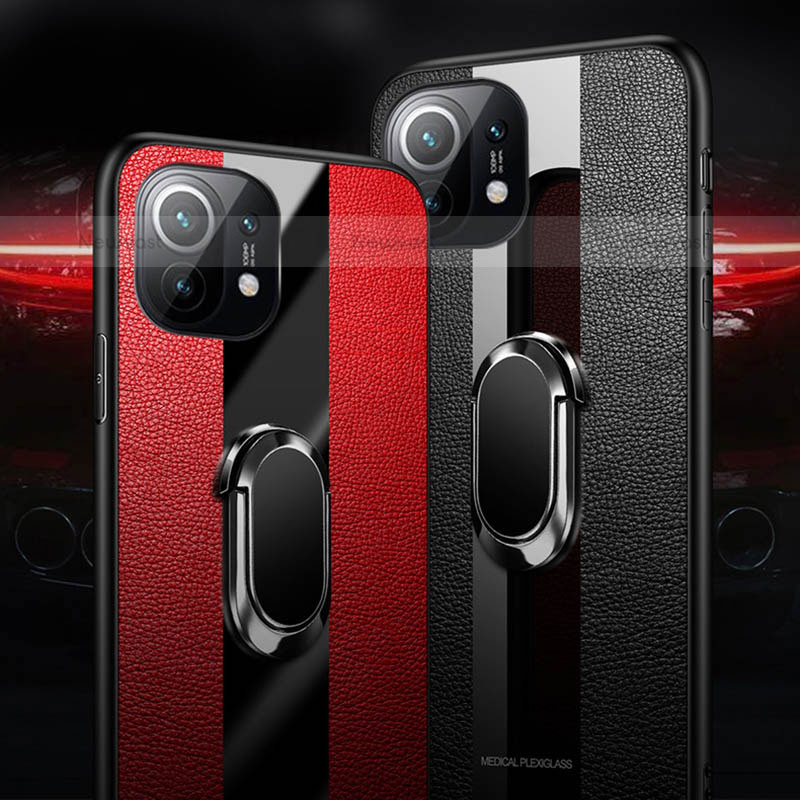 Soft Silicone Gel Leather Snap On Case Cover with Magnetic Finger Ring Stand T02 for Xiaomi Mi 11 5G