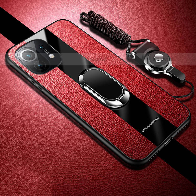 Soft Silicone Gel Leather Snap On Case Cover with Magnetic Finger Ring Stand T02 for Xiaomi Mi 11 5G Red