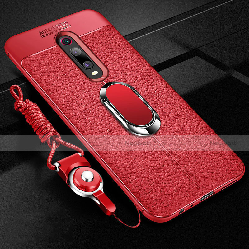Soft Silicone Gel Leather Snap On Case Cover with Magnetic Finger Ring Stand T02 for Xiaomi Mi 9T Pro Red