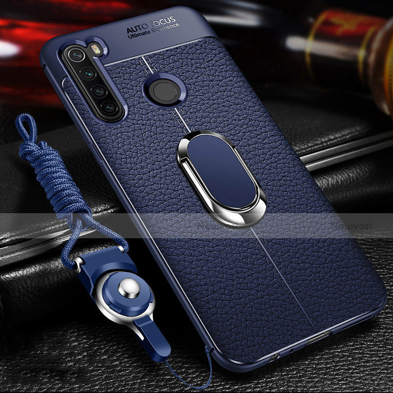 Soft Silicone Gel Leather Snap On Case Cover with Magnetic Finger Ring Stand T02 for Xiaomi Redmi Note 8 Blue