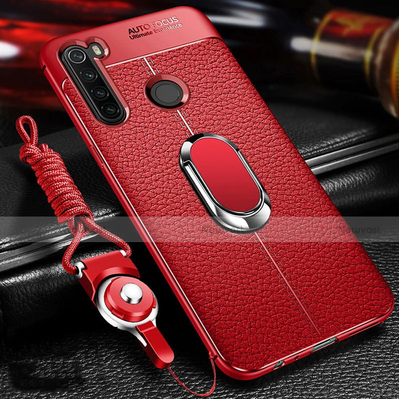 Soft Silicone Gel Leather Snap On Case Cover with Magnetic Finger Ring Stand T02 for Xiaomi Redmi Note 8 Red