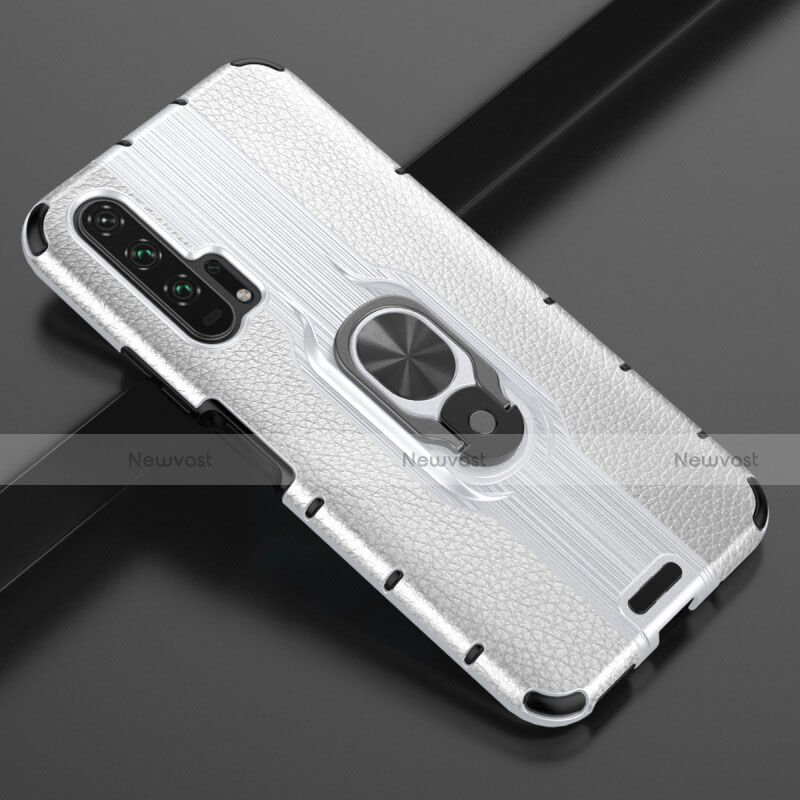 Soft Silicone Gel Leather Snap On Case Cover with Magnetic Finger Ring Stand T03 for Huawei Honor 20 Pro White
