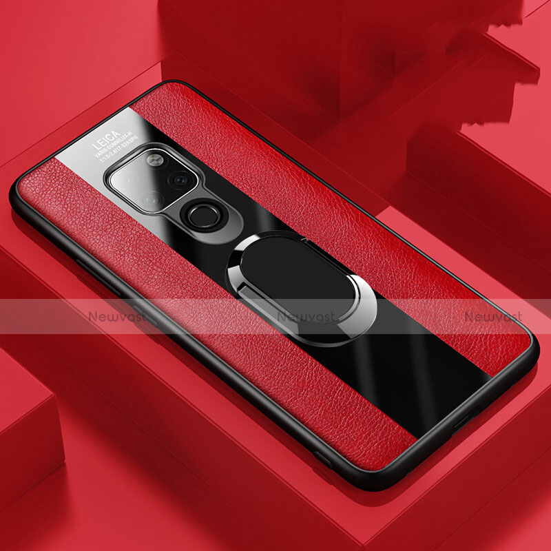 Soft Silicone Gel Leather Snap On Case Cover with Magnetic Finger Ring Stand T03 for Huawei Mate 20 Red