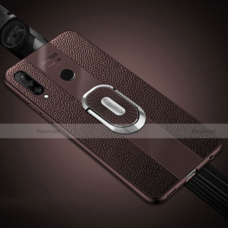 Soft Silicone Gel Leather Snap On Case Cover with Magnetic Finger Ring Stand T03 for Huawei Nova 4e Brown