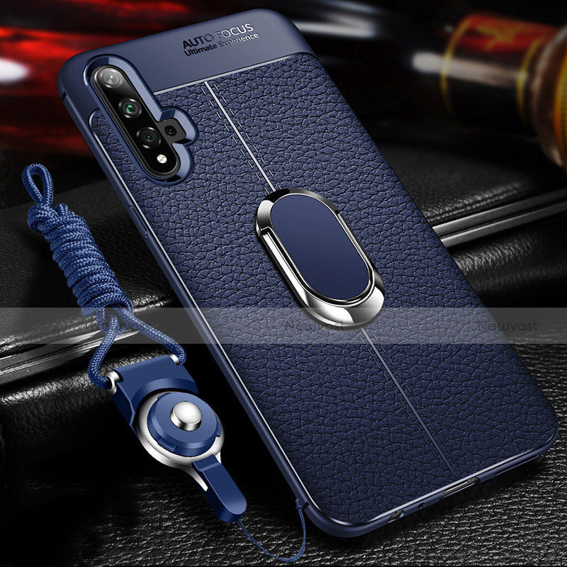 Soft Silicone Gel Leather Snap On Case Cover with Magnetic Finger Ring Stand T03 for Huawei Nova 5 Pro Blue