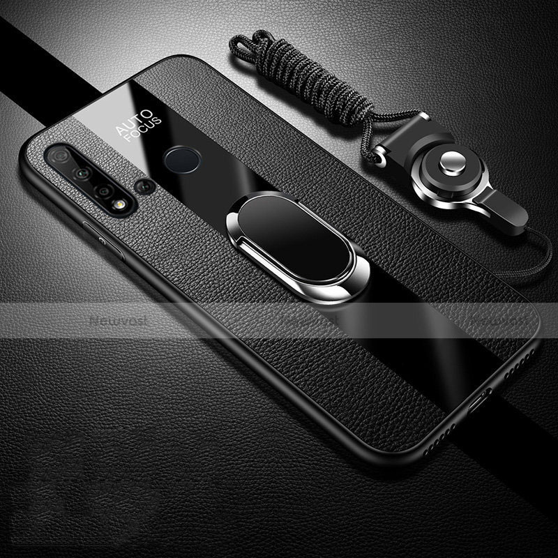 Soft Silicone Gel Leather Snap On Case Cover with Magnetic Finger Ring Stand T03 for Huawei Nova 5i