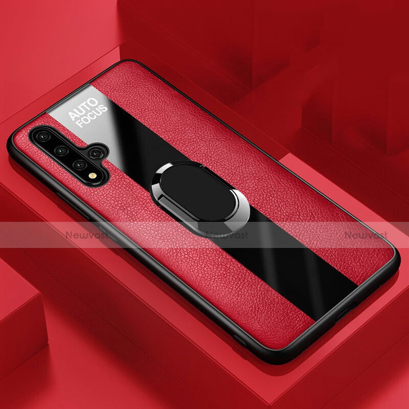 Soft Silicone Gel Leather Snap On Case Cover with Magnetic Finger Ring Stand T03 for Huawei Nova 5T Red