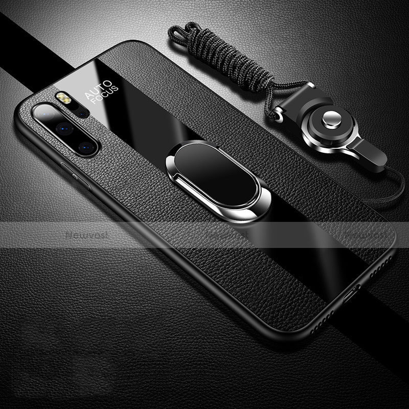 Soft Silicone Gel Leather Snap On Case Cover with Magnetic Finger Ring Stand T03 for Huawei P30 Pro