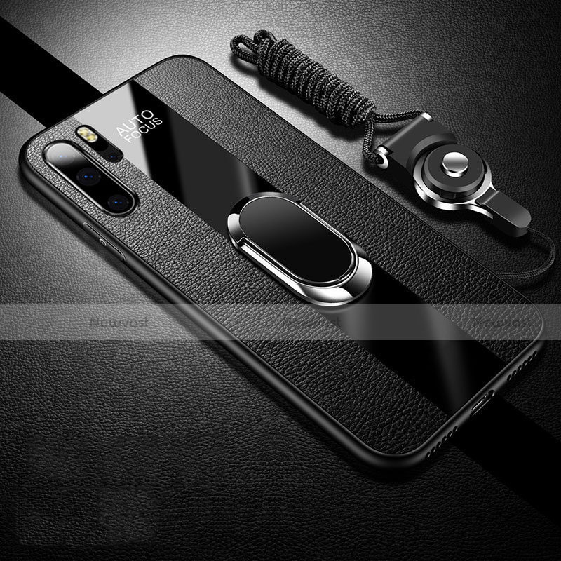 Soft Silicone Gel Leather Snap On Case Cover with Magnetic Finger Ring Stand T03 for Huawei P30 Pro Black