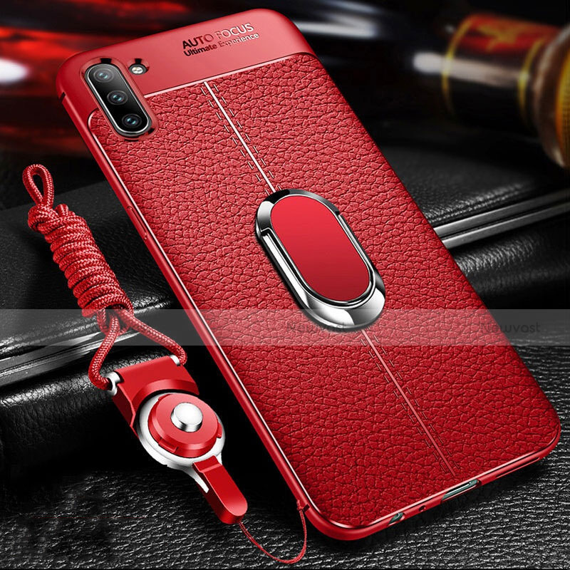 Soft Silicone Gel Leather Snap On Case Cover with Magnetic Finger Ring Stand T03 for Samsung Galaxy Note 10 5G Red