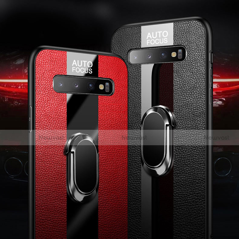Soft Silicone Gel Leather Snap On Case Cover with Magnetic Finger Ring Stand T03 for Samsung Galaxy S10 Plus