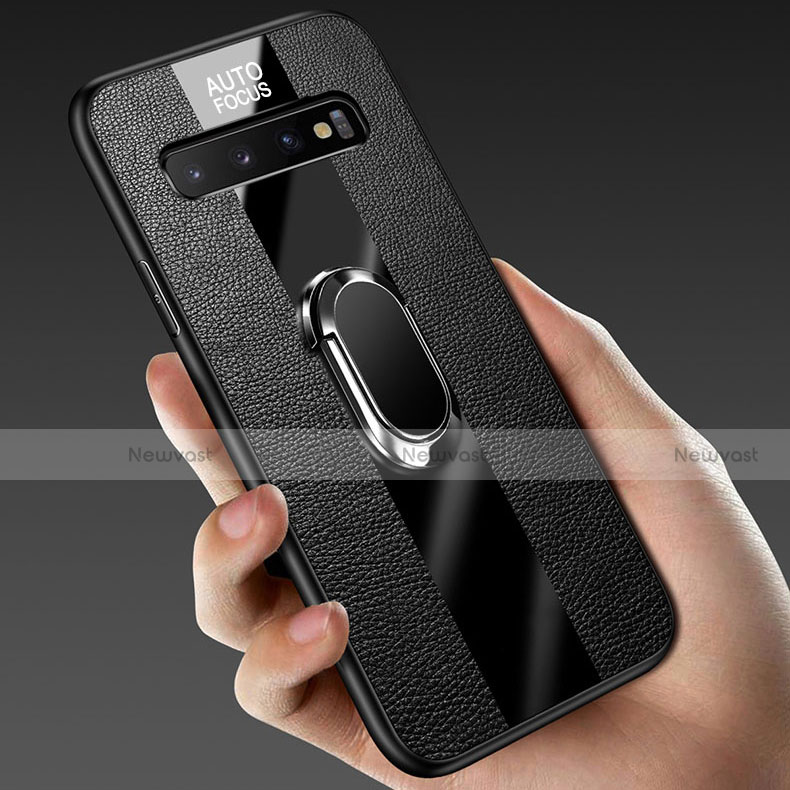 Soft Silicone Gel Leather Snap On Case Cover with Magnetic Finger Ring Stand T03 for Samsung Galaxy S10 Plus