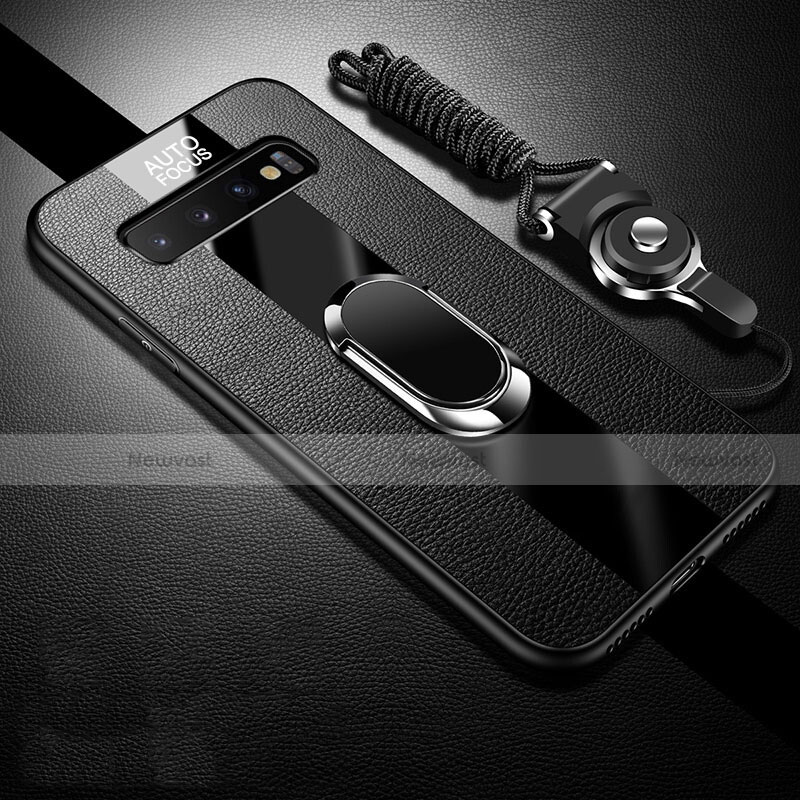 Soft Silicone Gel Leather Snap On Case Cover with Magnetic Finger Ring Stand T03 for Samsung Galaxy S10 Plus Black