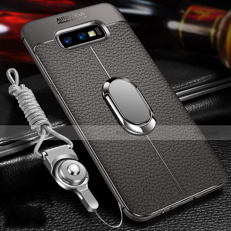 Soft Silicone Gel Leather Snap On Case Cover with Magnetic Finger Ring Stand T03 for Samsung Galaxy S10e Gray