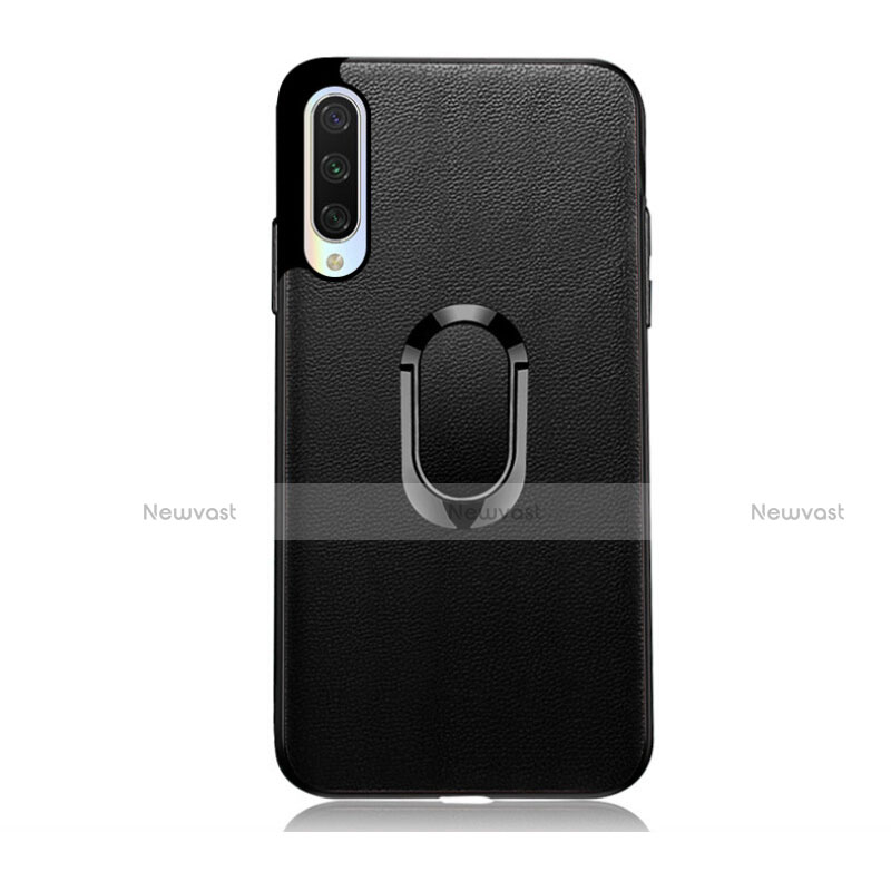 Soft Silicone Gel Leather Snap On Case Cover with Magnetic Finger Ring Stand T03 for Xiaomi Mi A3 Black