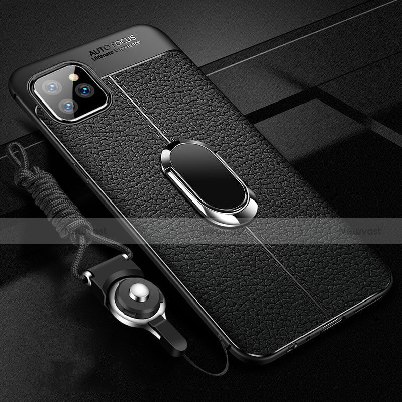 Soft Silicone Gel Leather Snap On Case Cover with Magnetic Finger Ring Stand T04 for Apple iPhone 11 Pro Black