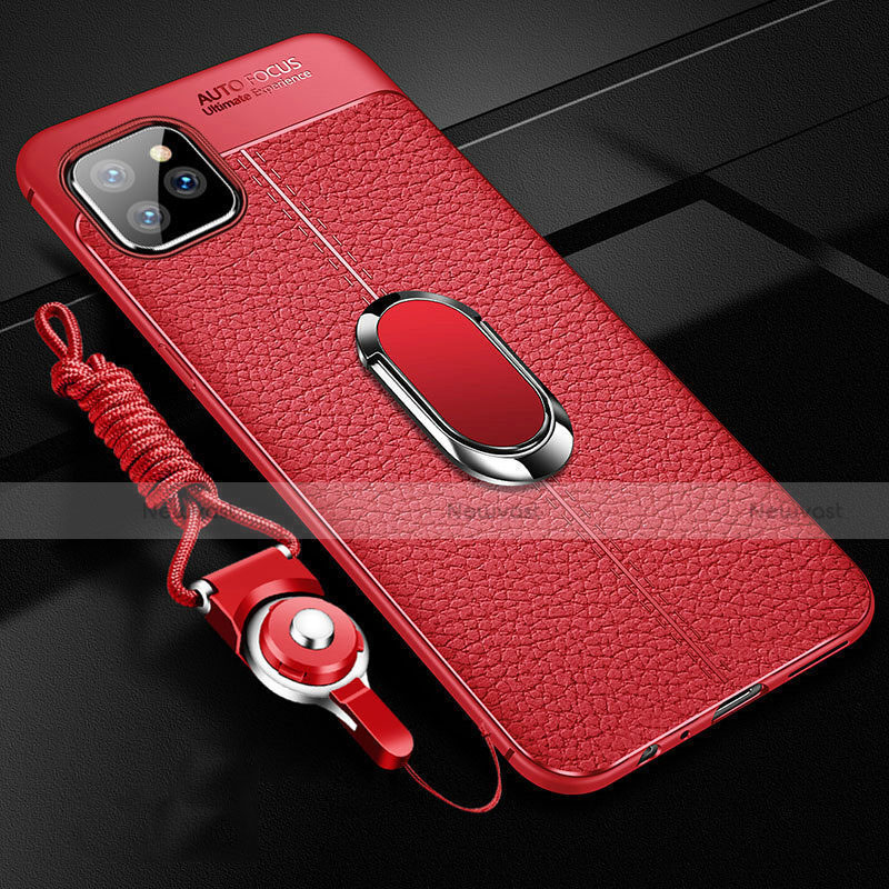 Soft Silicone Gel Leather Snap On Case Cover with Magnetic Finger Ring Stand T04 for Apple iPhone 11 Pro Red