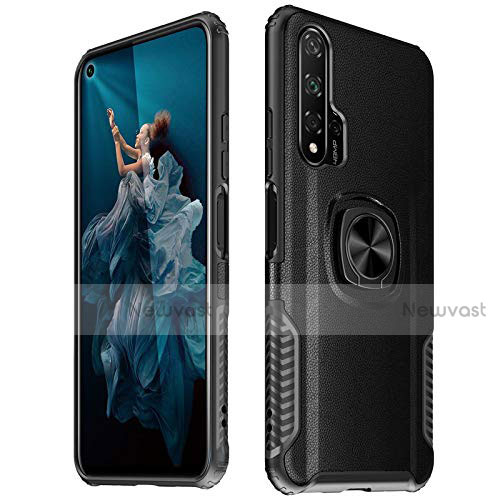 Soft Silicone Gel Leather Snap On Case Cover with Magnetic Finger Ring Stand T04 for Huawei Honor 20 Pro Black
