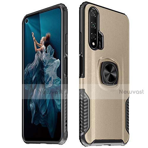 Soft Silicone Gel Leather Snap On Case Cover with Magnetic Finger Ring Stand T04 for Huawei Honor 20 Pro Gold