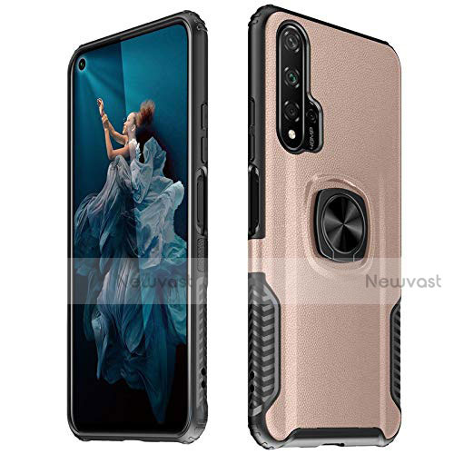 Soft Silicone Gel Leather Snap On Case Cover with Magnetic Finger Ring Stand T04 for Huawei Honor 20 Pro Rose Gold