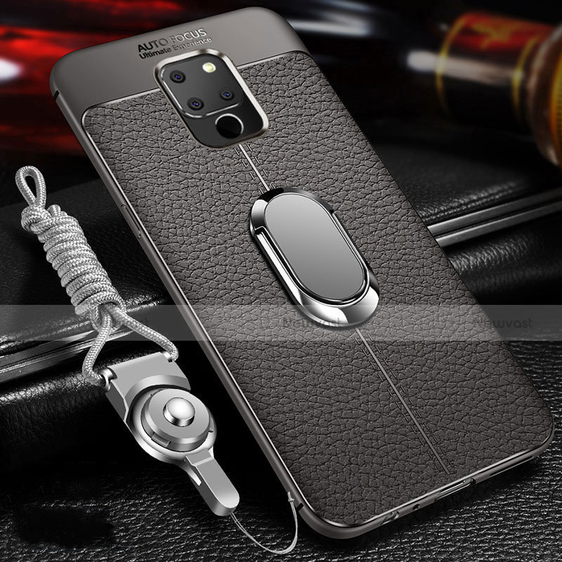 Soft Silicone Gel Leather Snap On Case Cover with Magnetic Finger Ring Stand T04 for Huawei Mate 20 Gray