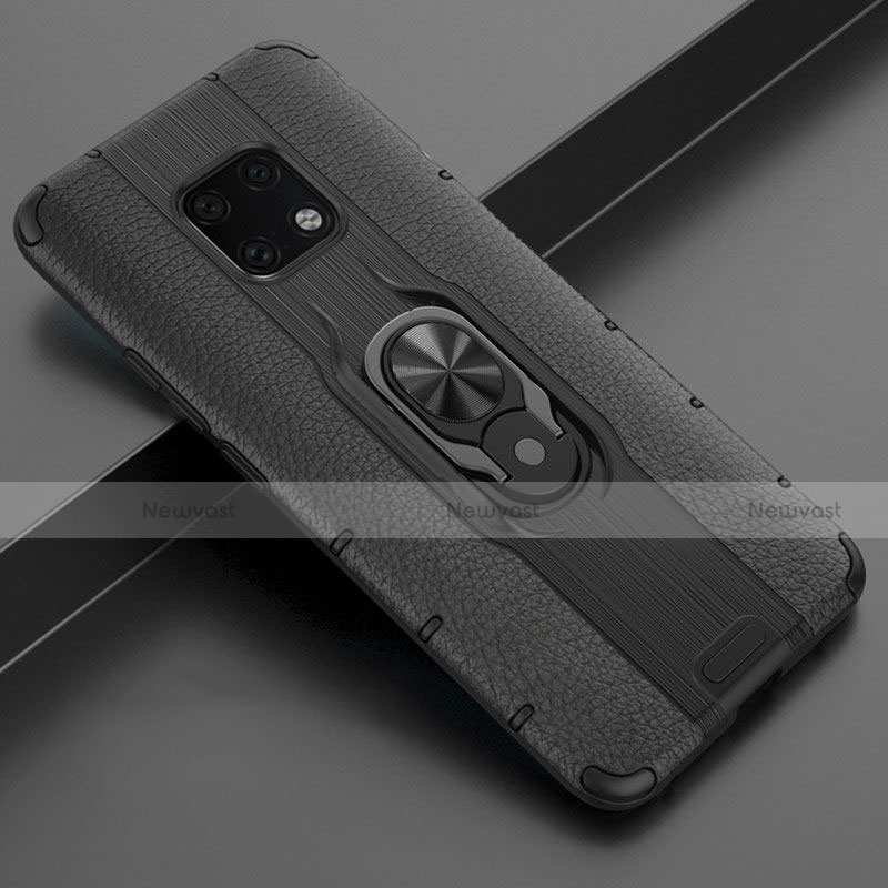 Soft Silicone Gel Leather Snap On Case Cover with Magnetic Finger Ring Stand T04 for Huawei Mate 20 Pro Black