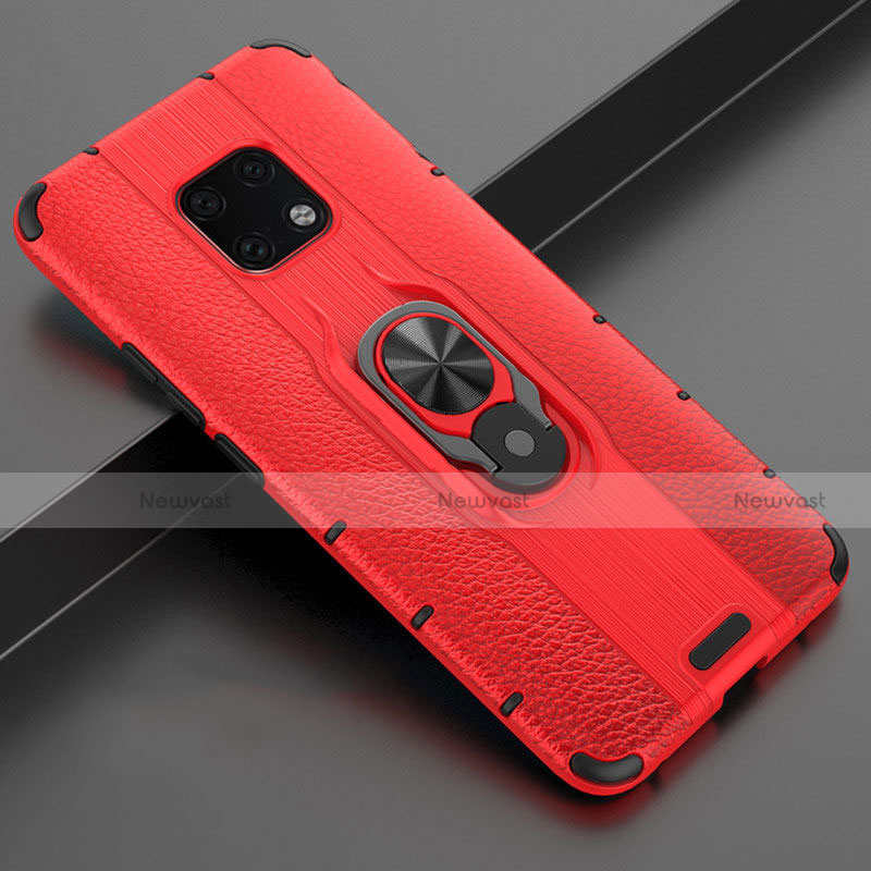 Soft Silicone Gel Leather Snap On Case Cover with Magnetic Finger Ring Stand T04 for Huawei Mate 20 Pro Red