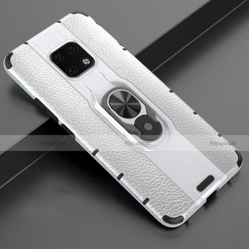 Soft Silicone Gel Leather Snap On Case Cover with Magnetic Finger Ring Stand T04 for Huawei Mate 20 Pro Silver