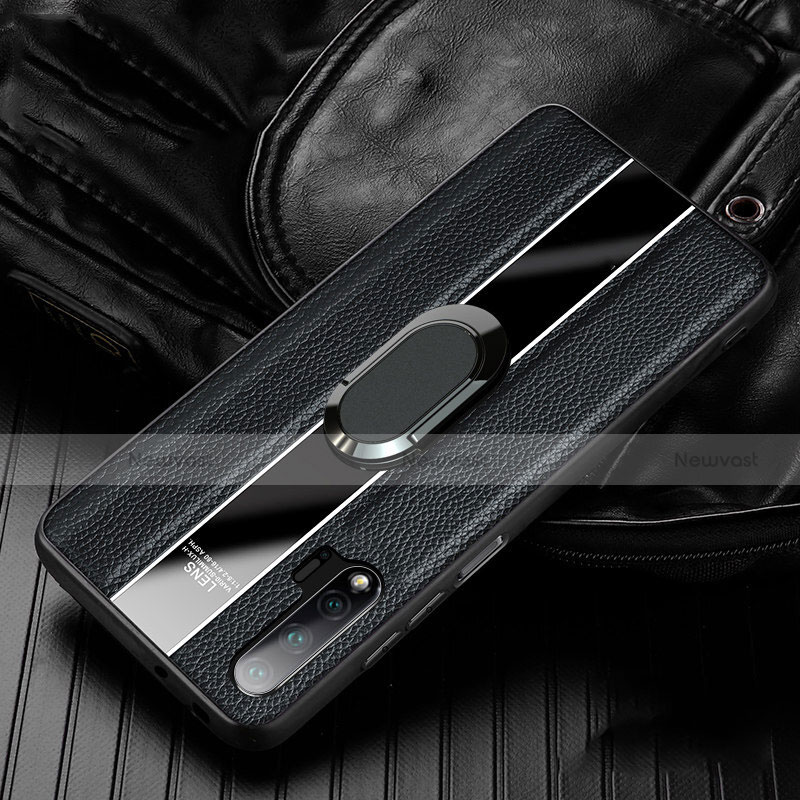 Soft Silicone Gel Leather Snap On Case Cover with Magnetic Finger Ring Stand T04 for Huawei Nova 6 5G Black