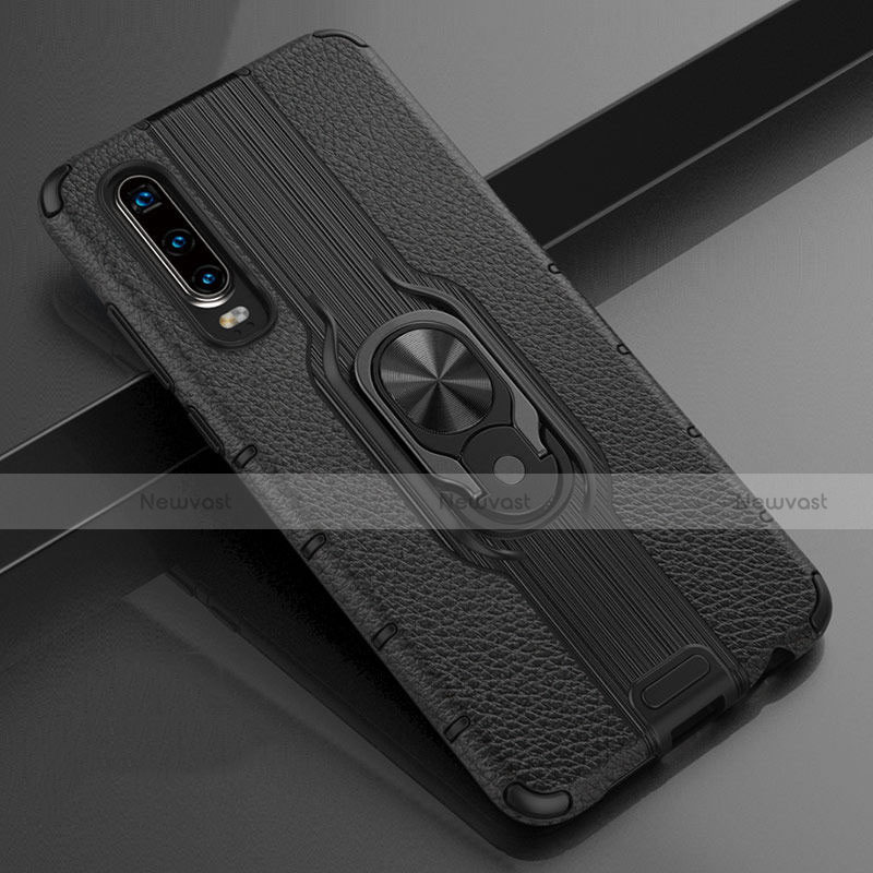 Soft Silicone Gel Leather Snap On Case Cover with Magnetic Finger Ring Stand T04 for Huawei P30