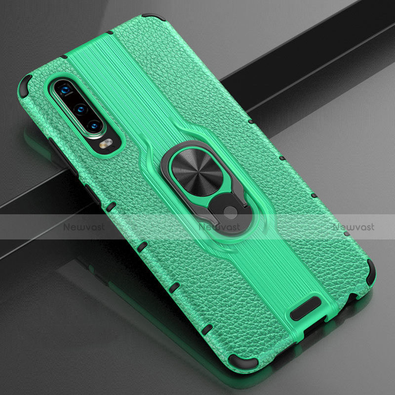 Soft Silicone Gel Leather Snap On Case Cover with Magnetic Finger Ring Stand T04 for Huawei P30 Green
