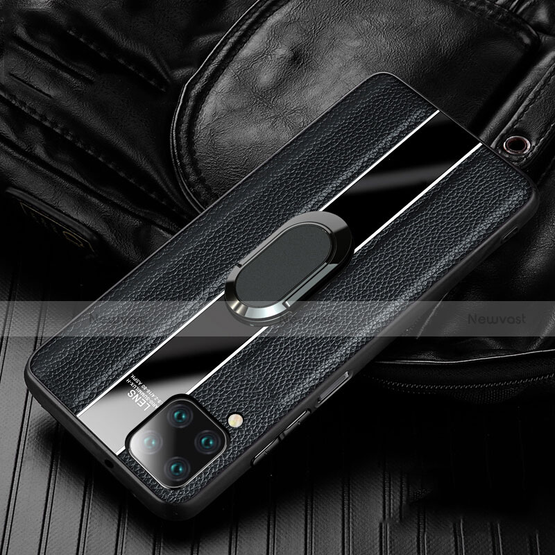 Soft Silicone Gel Leather Snap On Case Cover with Magnetic Finger Ring Stand T04 for Huawei P40 Lite Black