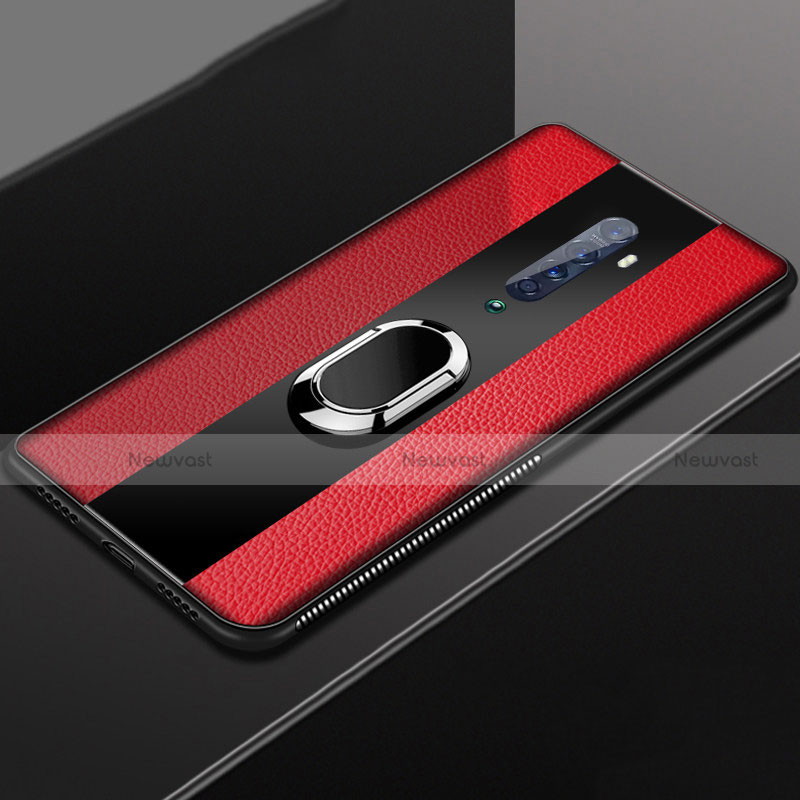 Soft Silicone Gel Leather Snap On Case Cover with Magnetic Finger Ring Stand T04 for Oppo Reno2 Red