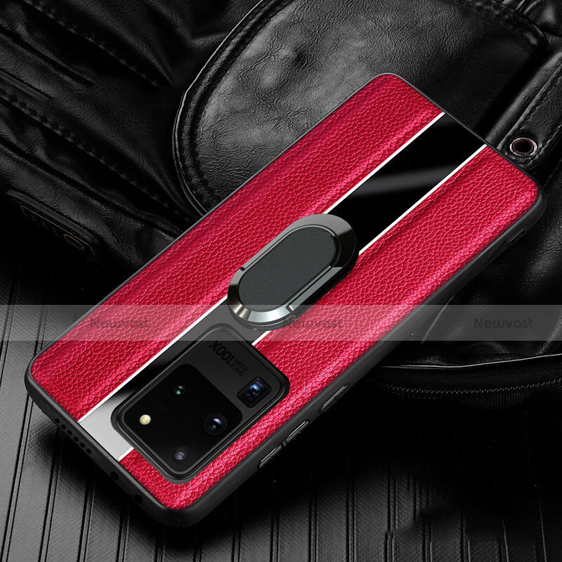 Soft Silicone Gel Leather Snap On Case Cover with Magnetic Finger Ring Stand T04 for Samsung Galaxy S20 Ultra