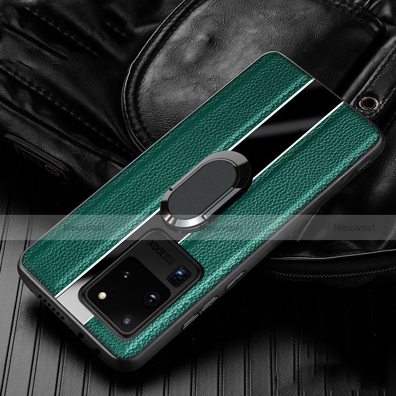 Soft Silicone Gel Leather Snap On Case Cover with Magnetic Finger Ring Stand T04 for Samsung Galaxy S20 Ultra 5G