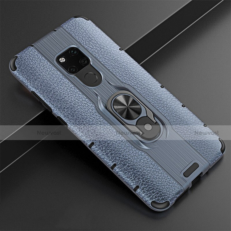 Soft Silicone Gel Leather Snap On Case Cover with Magnetic Finger Ring Stand T05 for Huawei Mate 20 Blue