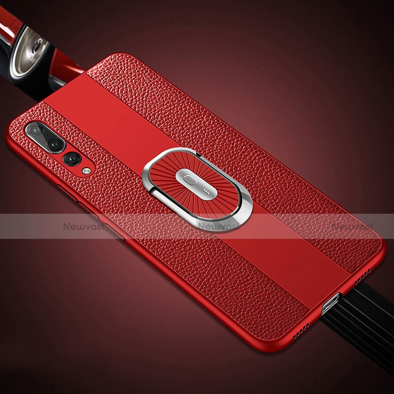 Soft Silicone Gel Leather Snap On Case Cover with Magnetic Finger Ring Stand T05 for Huawei P20 Pro
