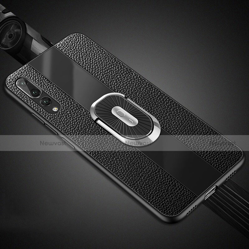 Soft Silicone Gel Leather Snap On Case Cover with Magnetic Finger Ring Stand T05 for Huawei P20 Pro Black
